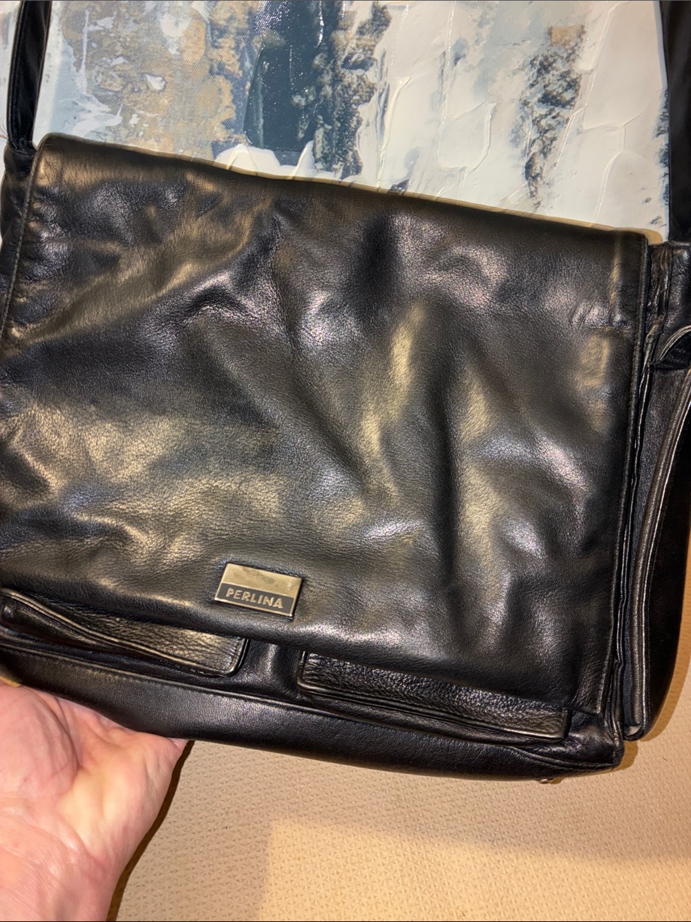 Vintage Perlina NYC Black Minimalist Messenger Satchel Genuine Leather - Picture 11 of 14